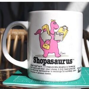 1986 Shopasaurus Coffee Mug Talking Tops Pink Dinosaur Shopping 80s White